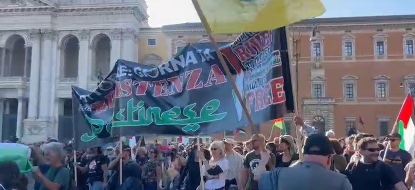 rome march banner praises october 7 chant lets bomb tel aviv